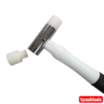 25mm dual-faced nylon hammer with white replaceable soft nylon heads, polished steel head, and black textured grip handle, ideal for non-marking engineering, woodworking, and assembly work.