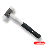 38mm dual-faced nylon hammer with white replaceable soft nylon heads, polished steel head, and black textured grip handle, ideal for non-marking engineering, woodworking, and assembly work.