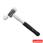 38mm dual-faced nylon hammer with white replaceable soft nylon heads, polished steel head, and black textured grip handle, ideal for non-marking engineering, woodworking, and assembly work.