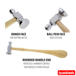210g (7.5oz) chasing hammer with polished steel ball pein and flat faces, hardwood handle, ideal for jewellery making, chasing, repoussé, silversmithing and metal forming.