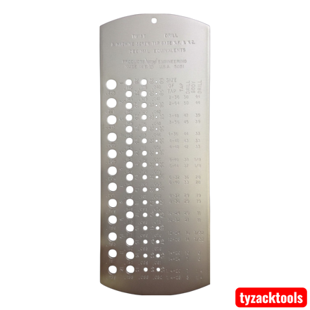 1-60 Twist Drill & Machine Screw Tap Gage in brushed steel with numbered drill size holes, decimal equivalents, and UNC/UNF tap drill chart for precision drill bit identification and machining.
