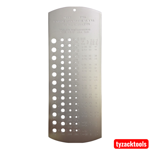 1-60 Twist Drill & Machine Screw Tap Gage in brushed steel with numbered drill size holes, decimal equivalents, and UNC/UNF tap drill chart for precision drill bit identification and machining.