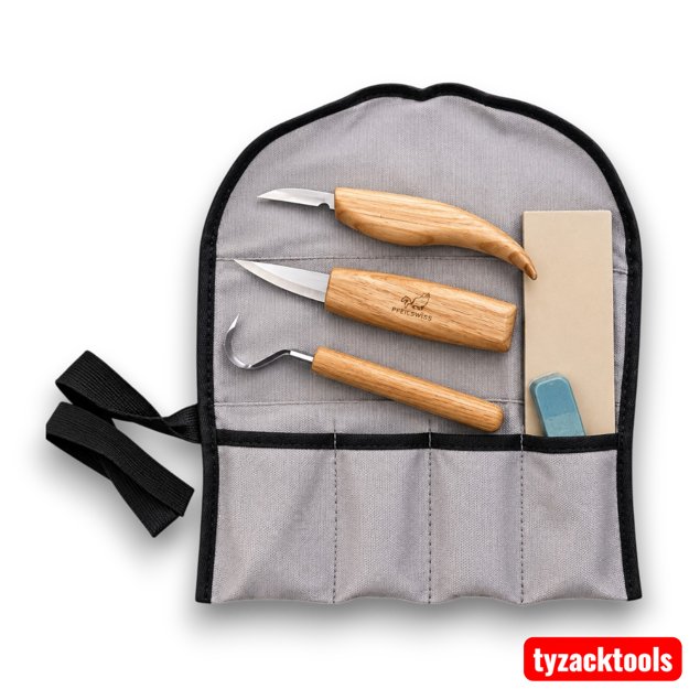 5 Piece Wood Carving Tool Set with Leather Strop, Polish Bar and Storage Pouch