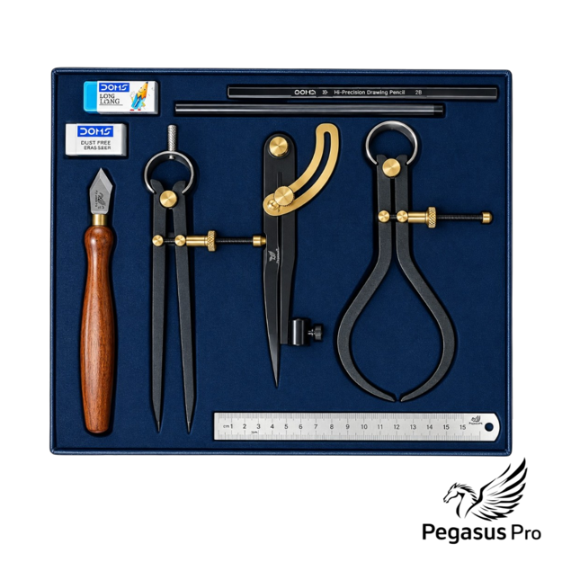 Pegasus Pro Premium Drawing and Marking Tool Set with Spring Calipers, Marking Knife, Wing Divider, Pencils and Steel Ruler in a Fitted Case.